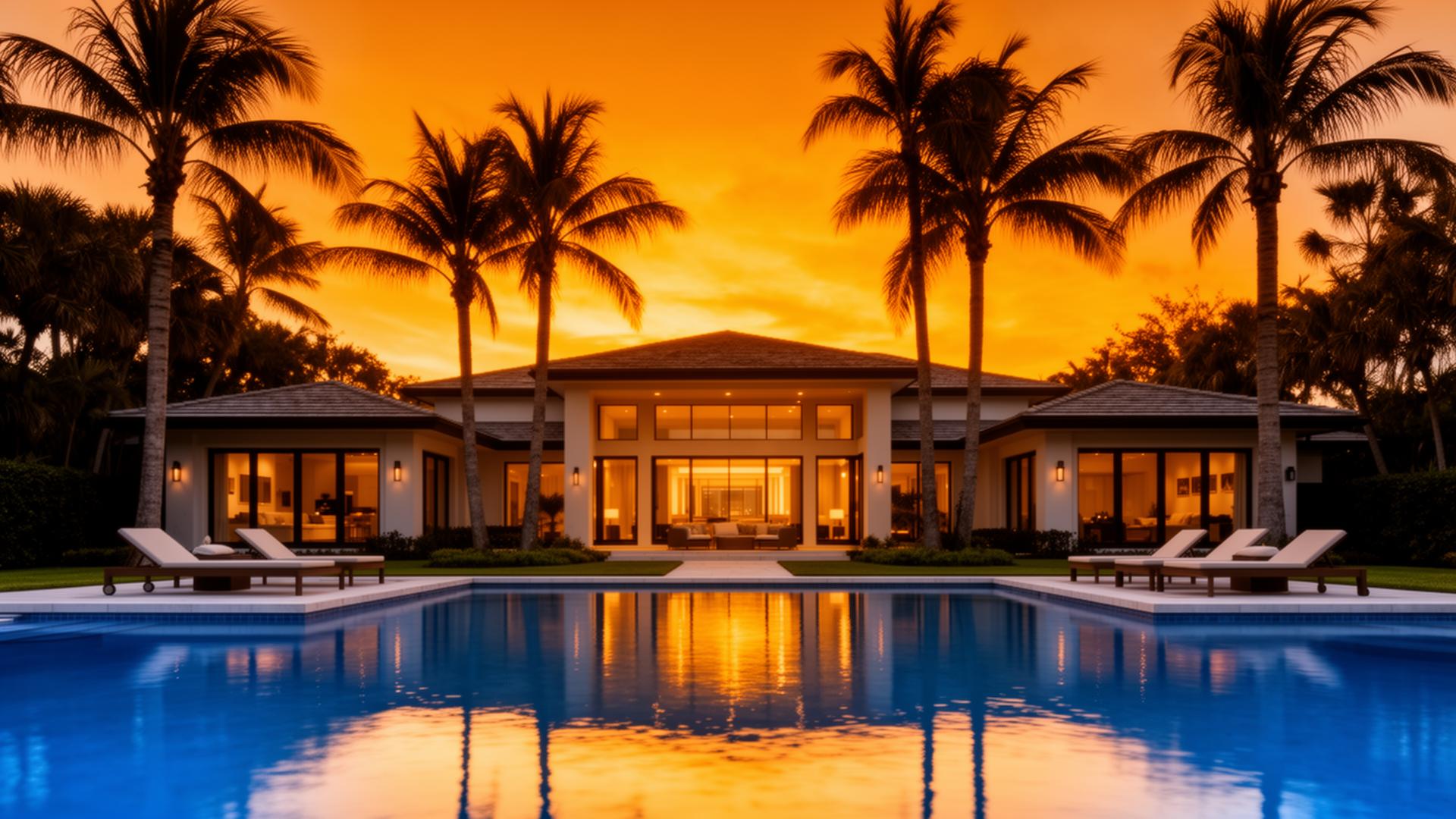 Luxury rental home at sunset with pristine pool maintained by RR Pool Services