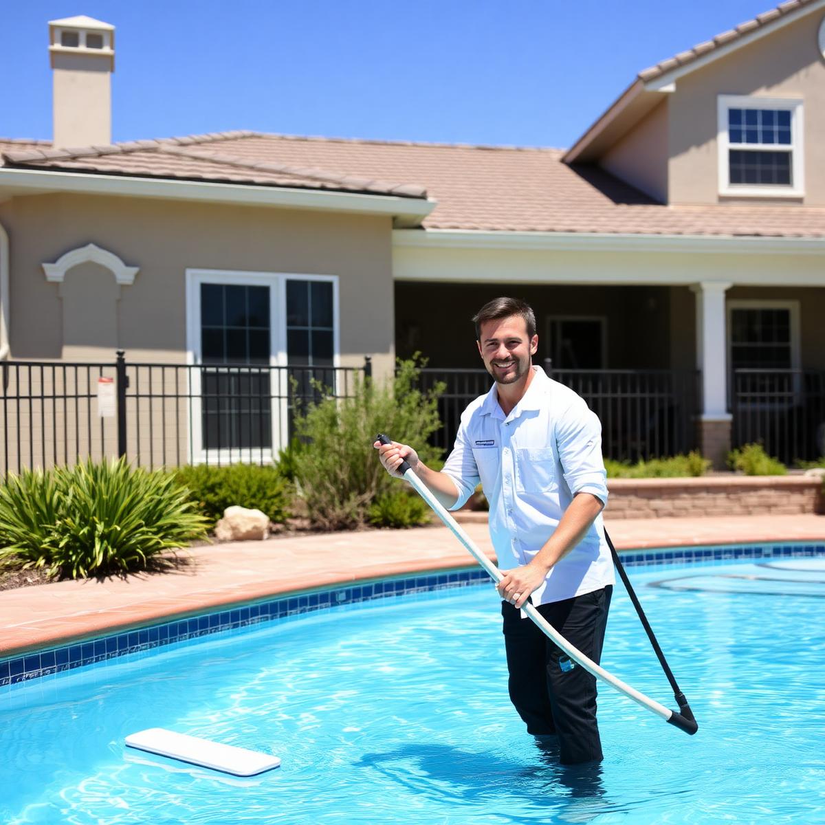 RR Pool Services technician maintaining a rental pool